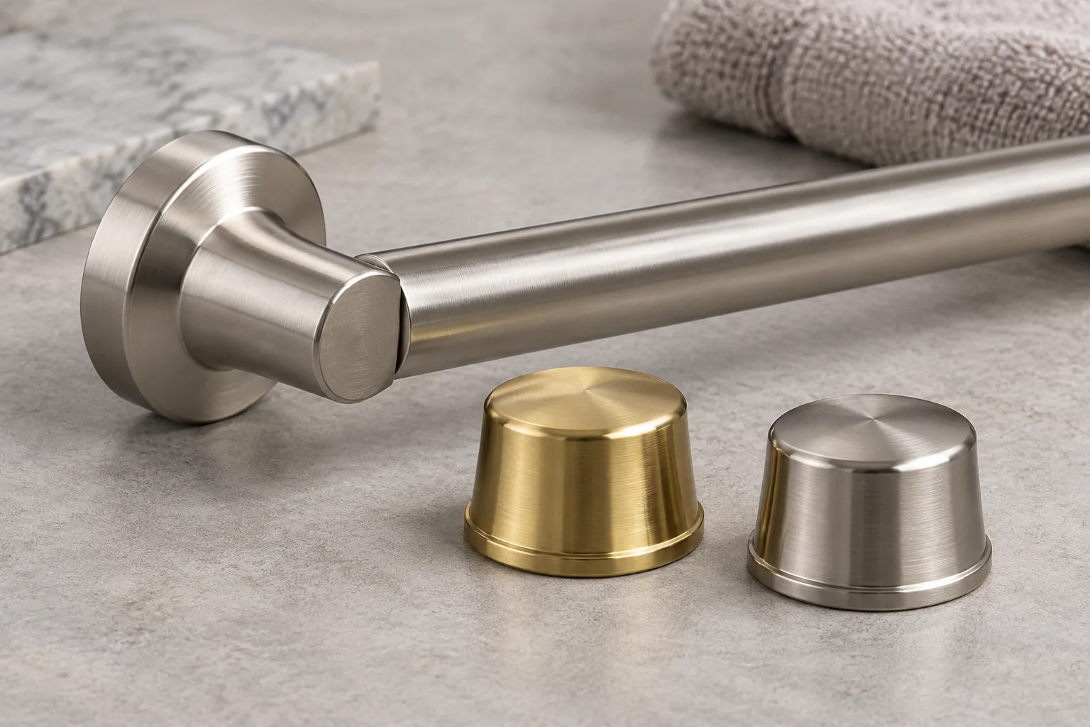 Two zinc-alloy decorative caps and a metal bathroom accessory assembly, clearly shown as component samples