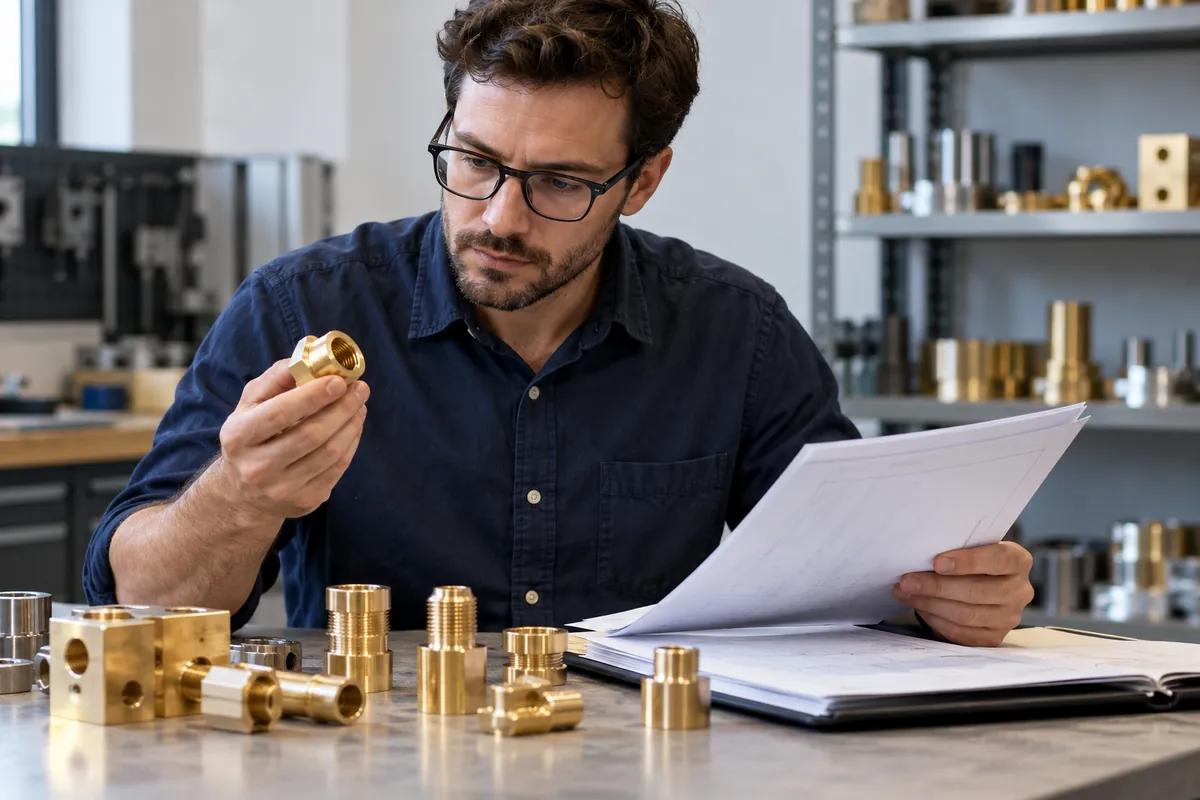 Buyer reviewing brass sample pieces and supplier material documents with unreadable pages