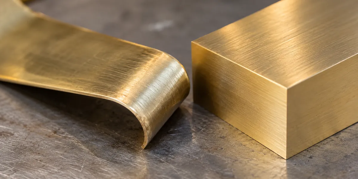 Macro comparison of bent brass strip edge and machined brass surface, realistic finish