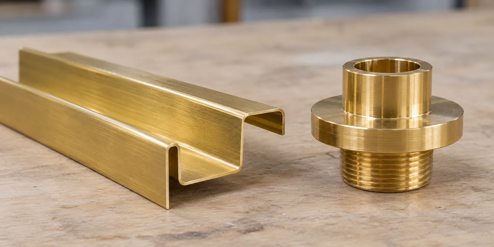 Two brass hardware component blanks, one formed strip profile and one turned fitting, clean technical photo