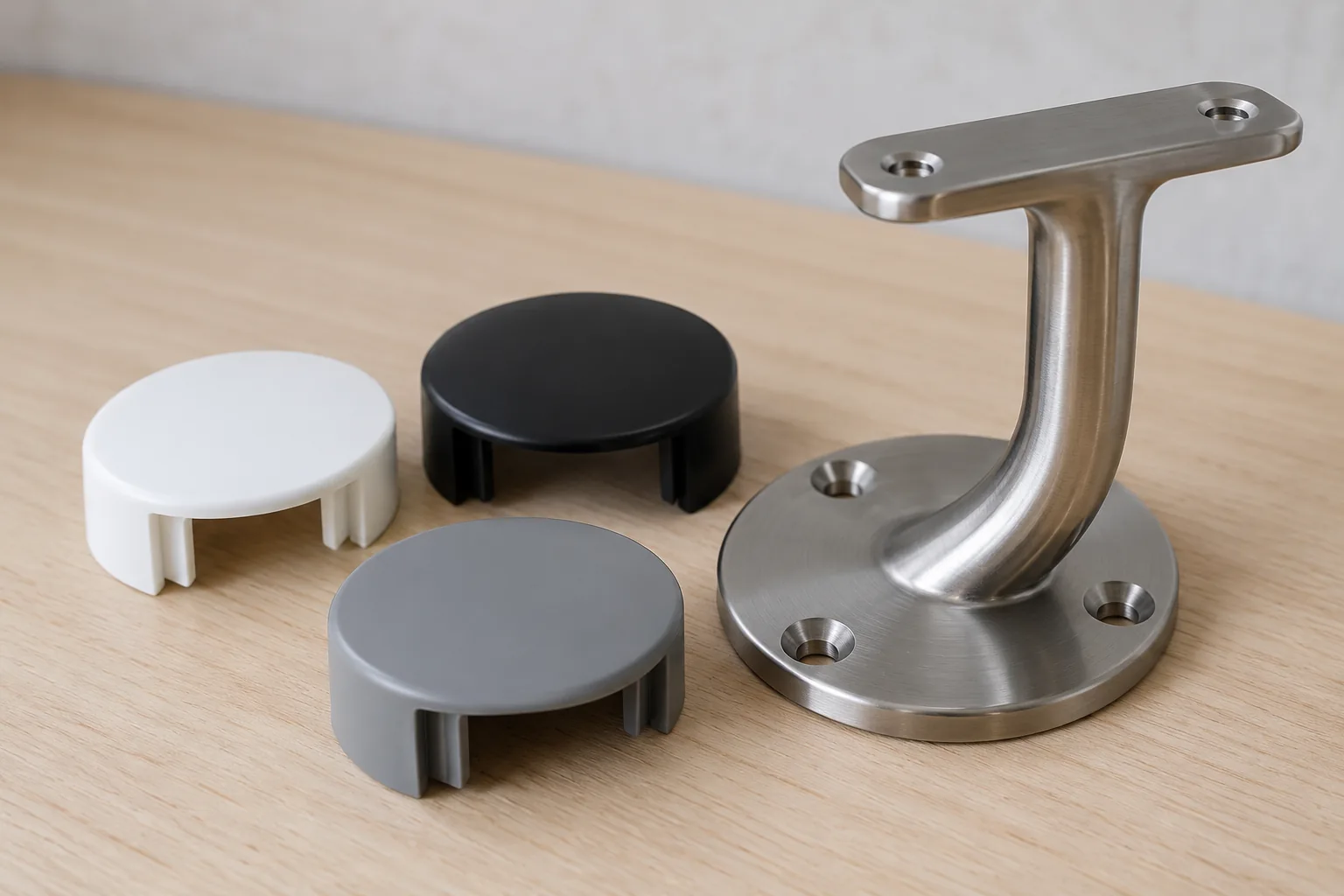 Small molded polymer mounting covers shown as bought-in parts beside a stainless bathroom hardware bracket