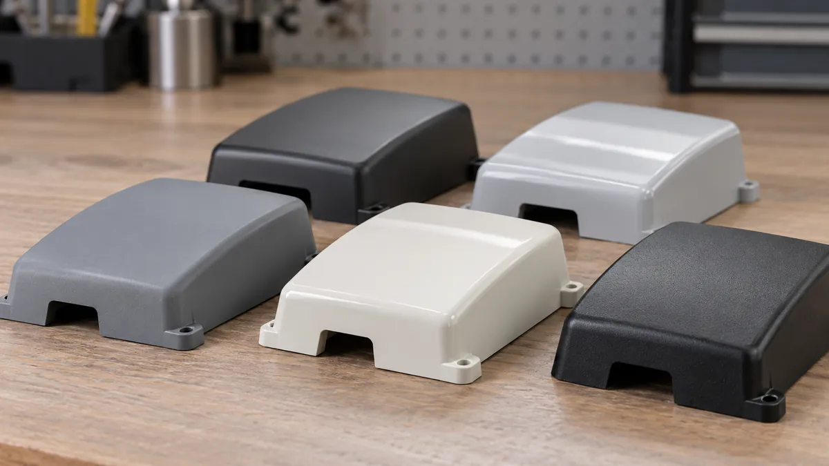 Macro of several neutral-color molded ABS cover samples with subtle finish variation, no labels