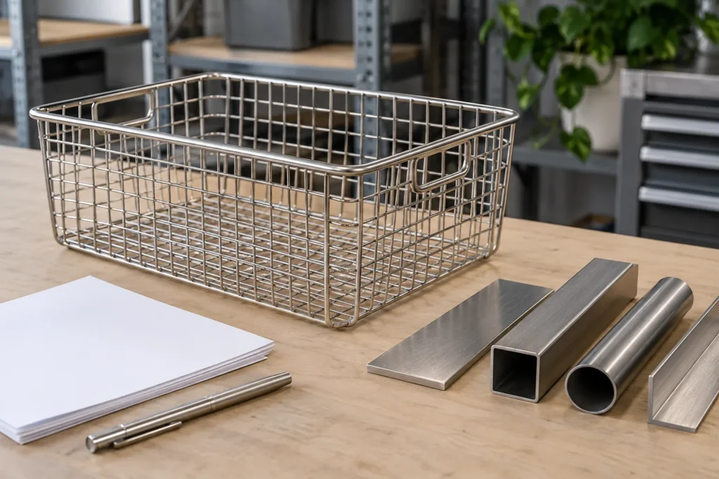 Stainless storage basket and steel sample sections beside blank sustainability paperwork, no readable text