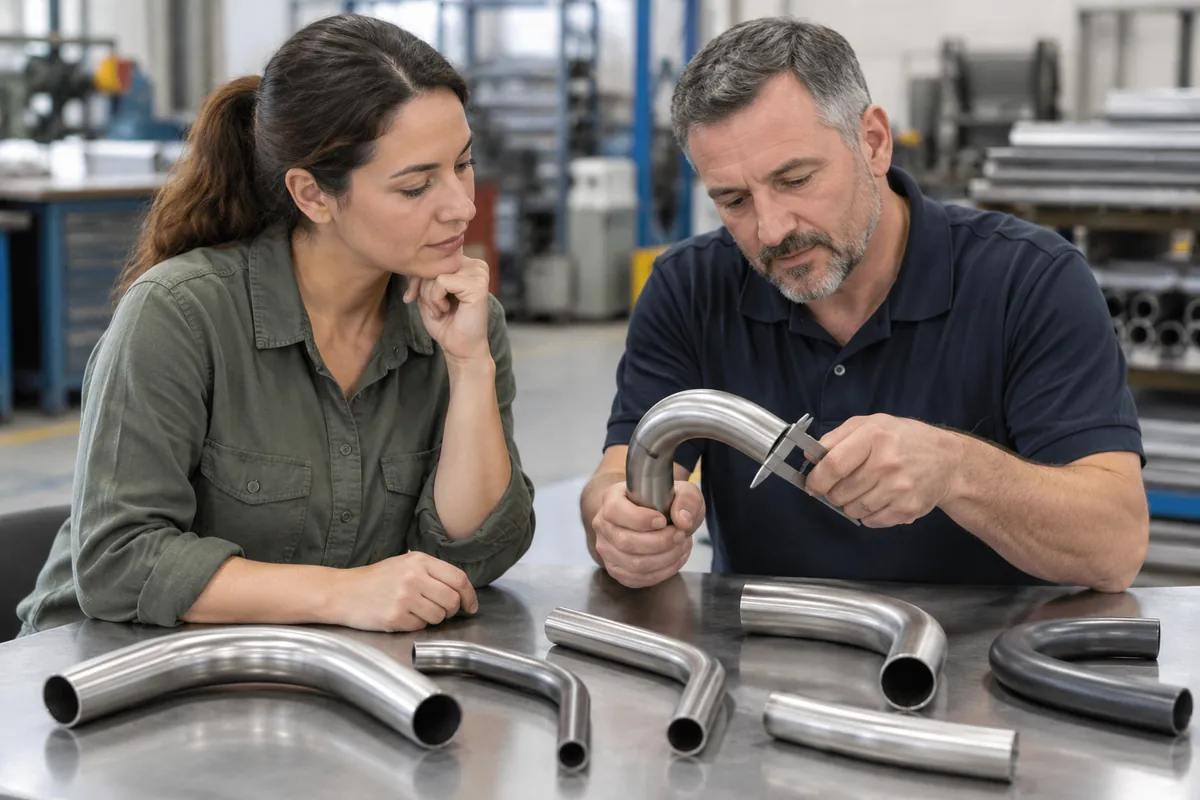 Buyer reviewing curved tube cut samples and measurement approach with a specialist, no readable displays