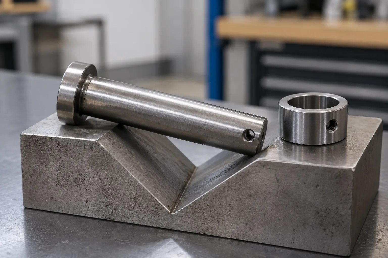 Cylindrical metal pin and collar from a storage hardware pivot laid on a precision V-block