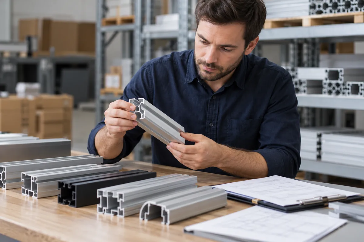 Buyer checking aluminum profile samples and supplier paperwork with screens out of view