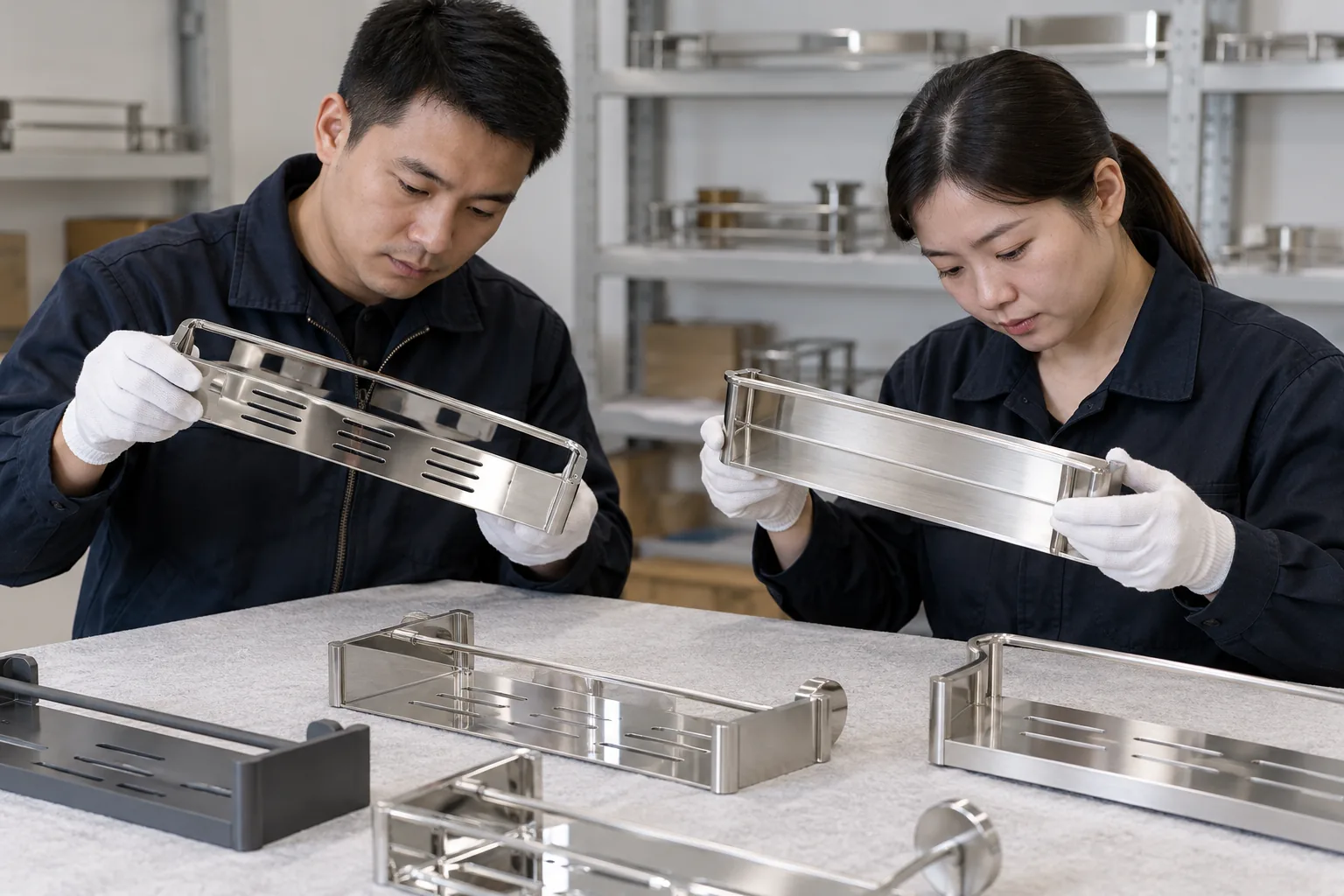 Two inspectors independently reviewing the same stainless bathroom shelf finish samples under neutral lighting