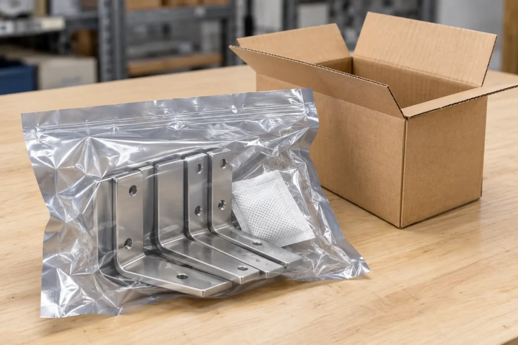 Metal bathroom brackets packed in a moisture-barrier bag with a small desiccant sachet and carton