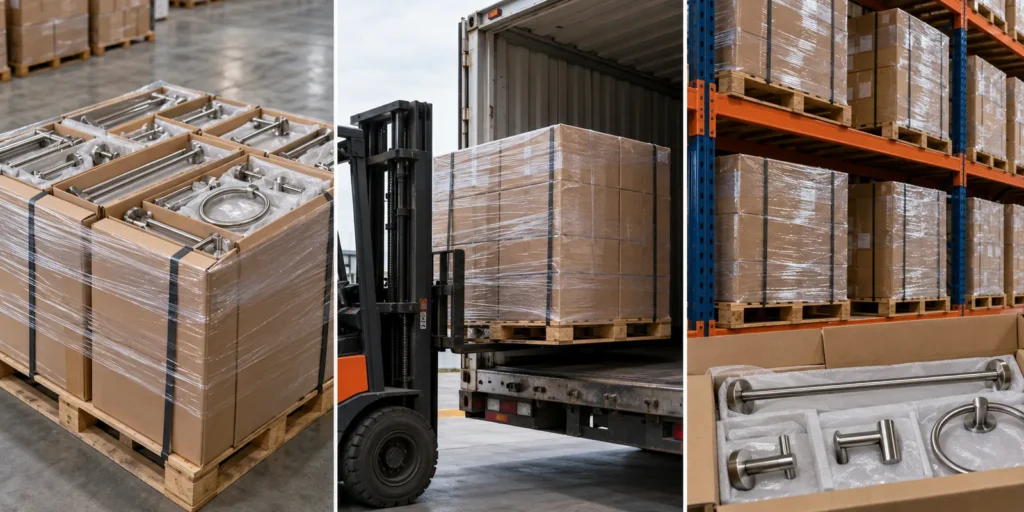 Palletized cartons of metal bathroom hardware shown in storage, transport and rack positions as separate realistic scenes