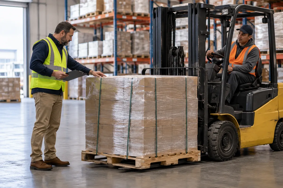 Buyer checking a loaded pallet and handling clearance with a warehouse operator, no text