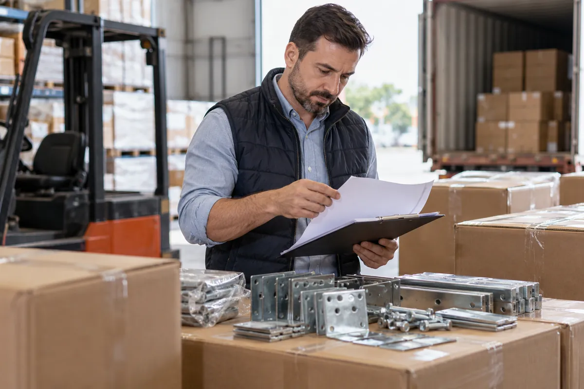 Importer reviewing shipment handover paperwork beside hardware cartons, pages with no readable text