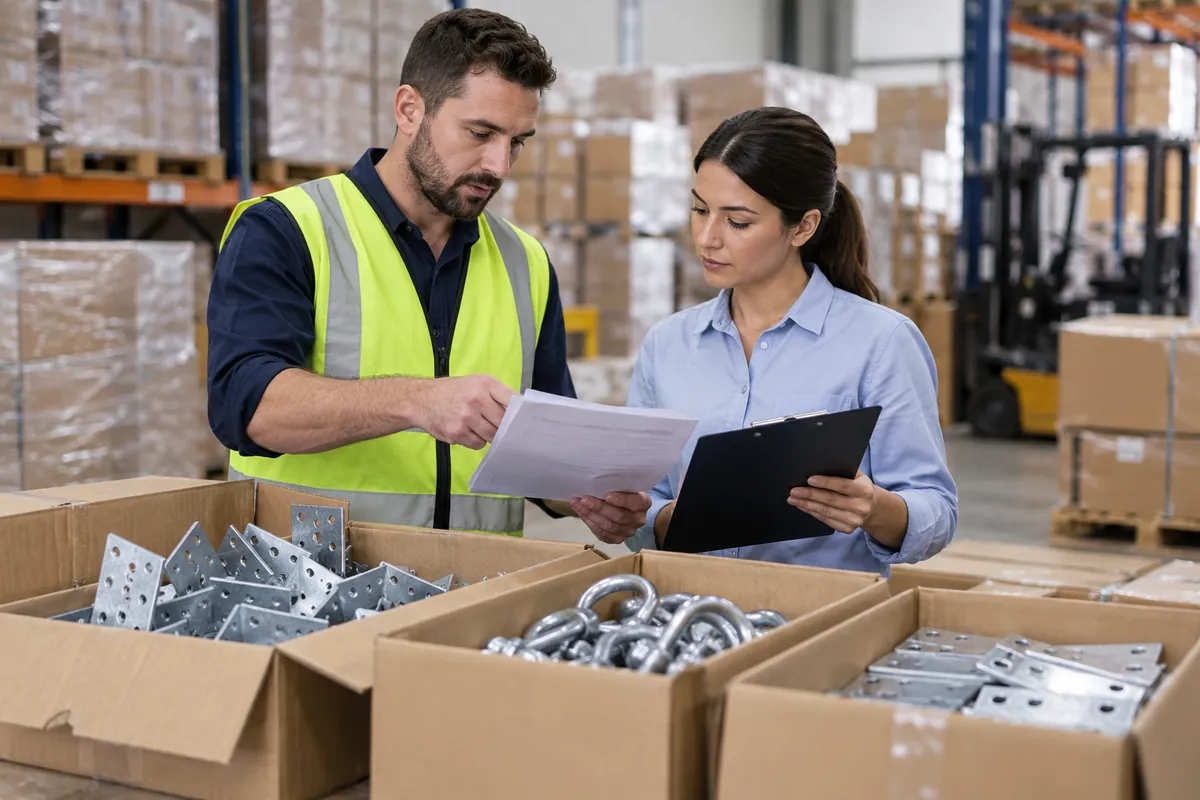 Importer and logistics coordinator reviewing delivery paperwork beside metal hardware cartons
