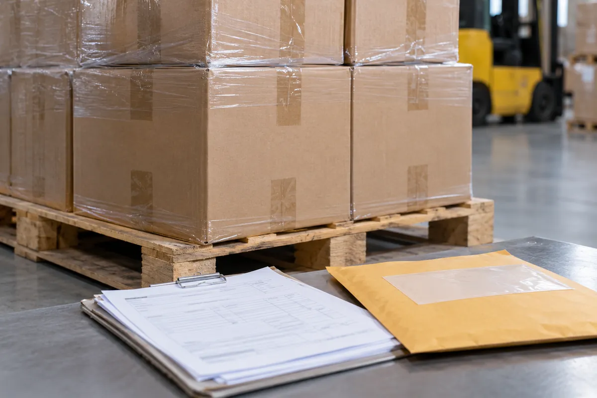 Close-up of carton pallet, freight documents and customs envelope with no readable text or marks