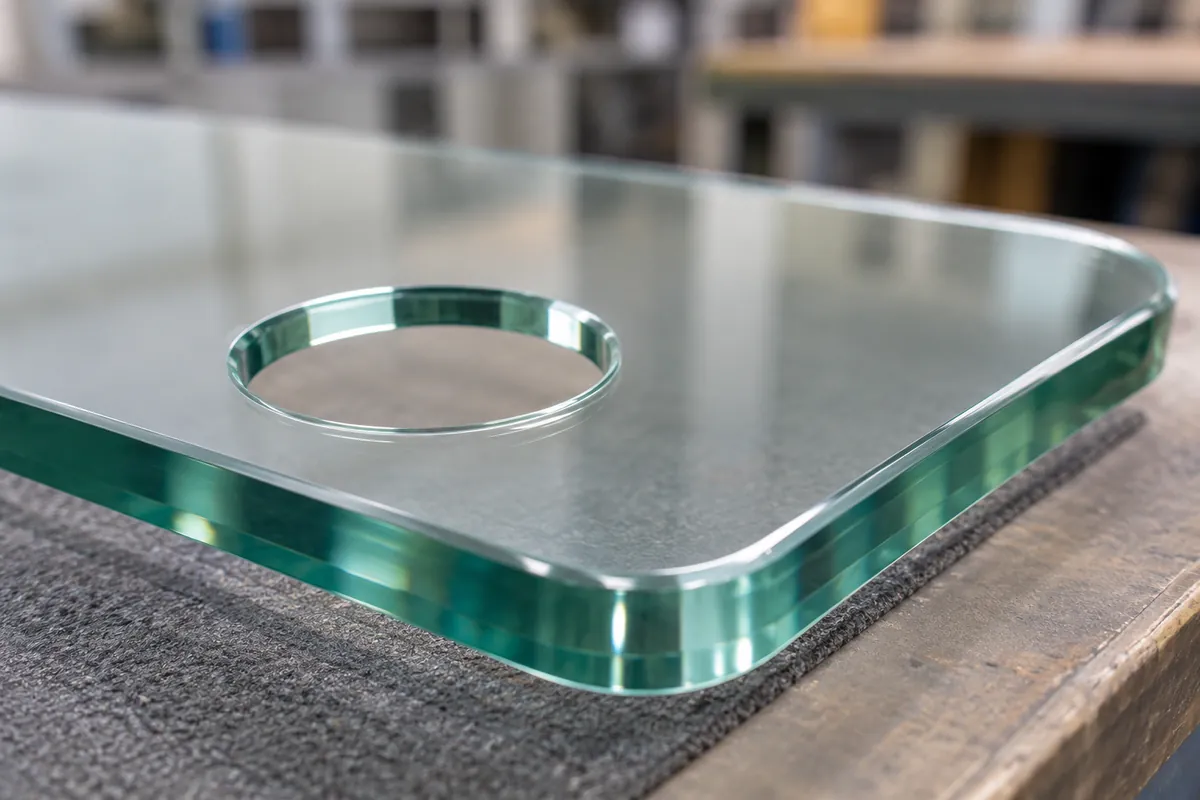 Macro of a smooth glass hole edge and polished corner before tempering, safe clean workshop