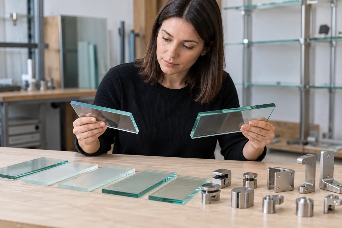 Buyer comparing glass shelf edge samples and metal support fittings on a neutral table