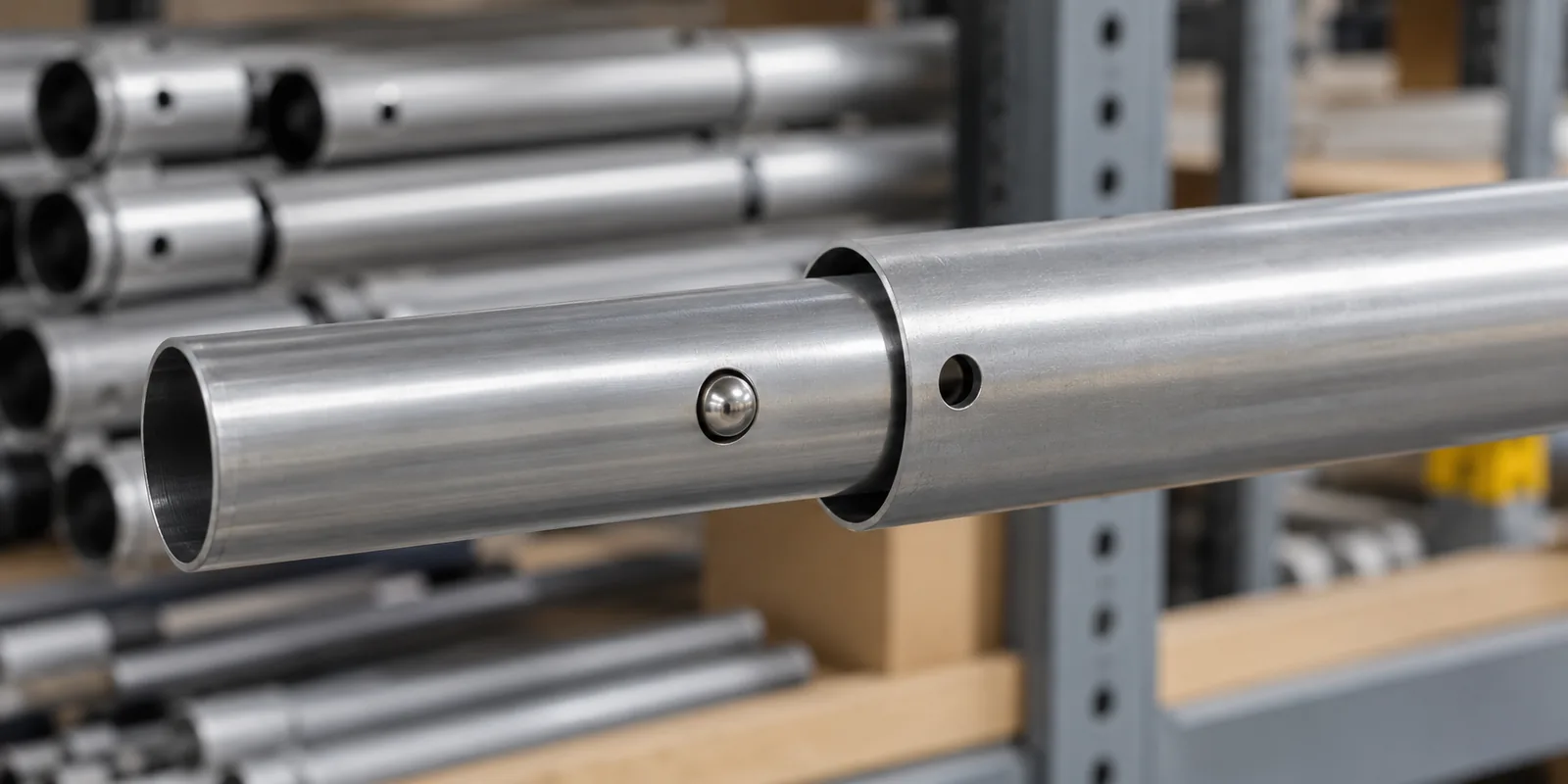 Nested metal telescopic tubes with a spring button engaged through an aligned hole, storage rack context