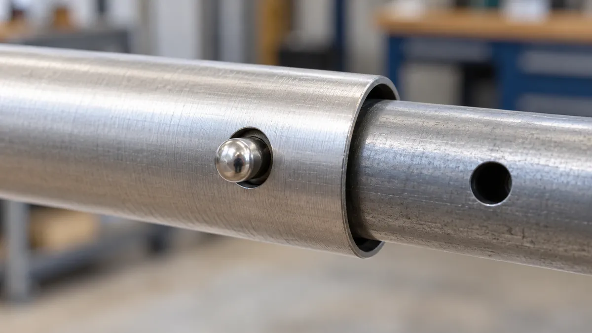 Macro of spring button pin protruding through the outer tube hole with realistic clearance