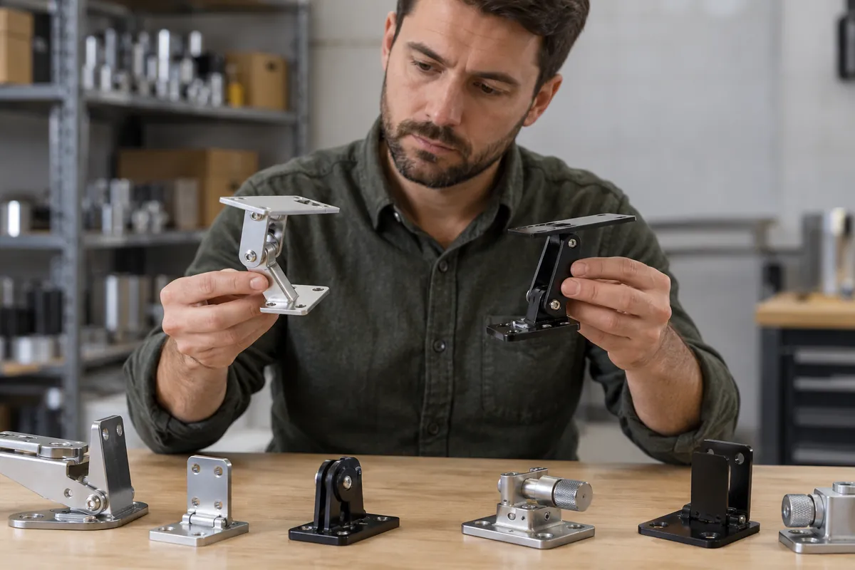 Buyer comparing two metal adjustment mechanisms and bracket samples, no labels