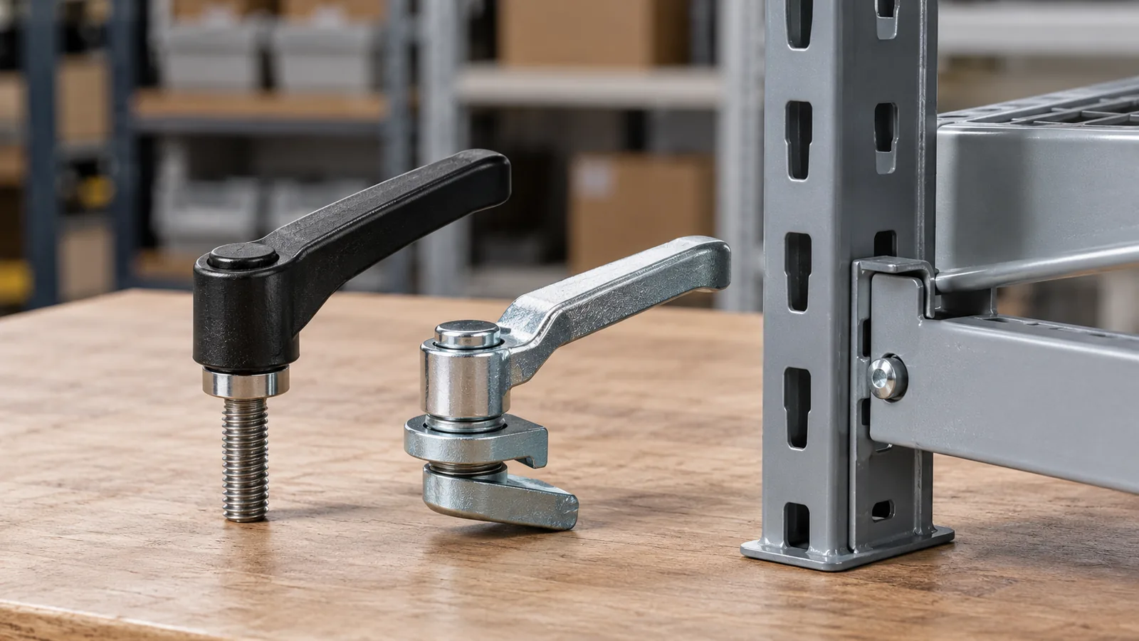 Two metal clamping handle mechanisms beside a storage rack adjustment bracket, distinct cam and threaded forms