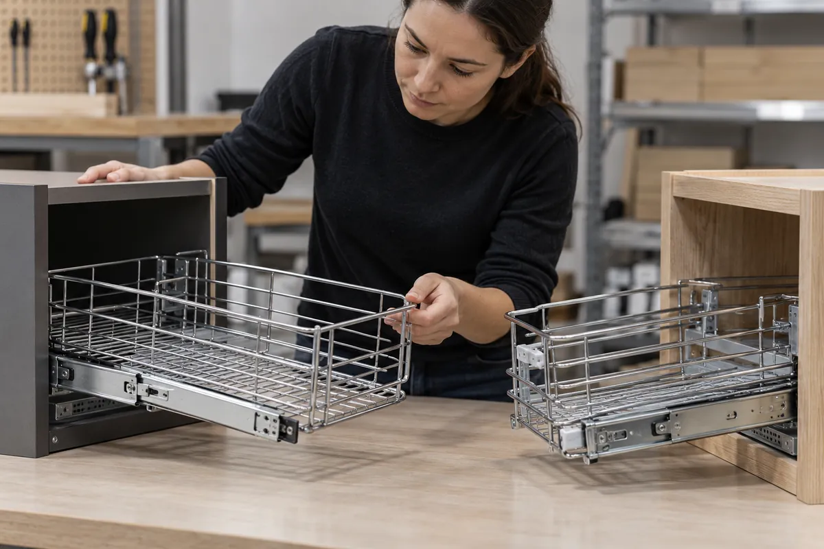 Buyer testing pull-out basket retention and release on two drawer slide samples