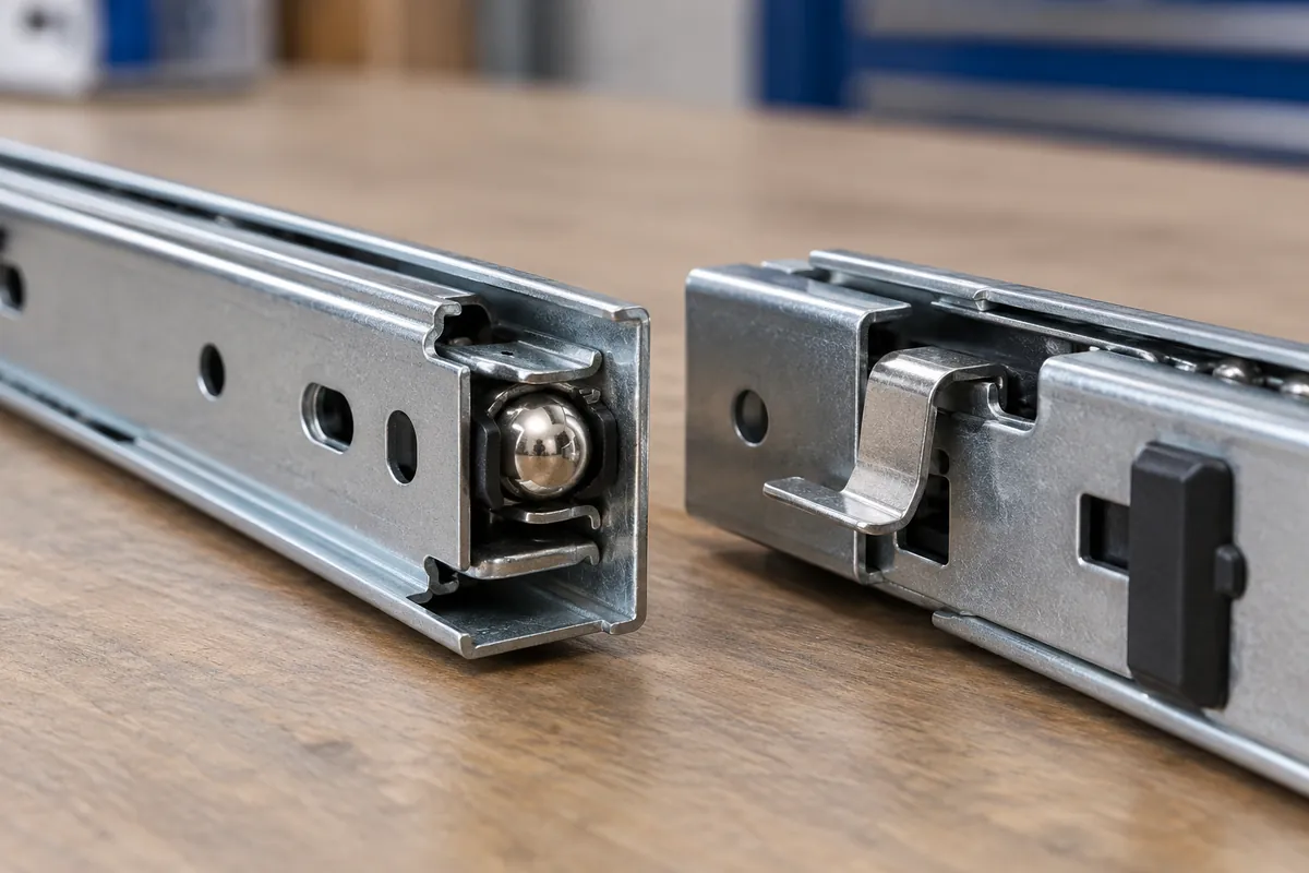 Macro of detent ball and locking tab details on separate slide samples, no text