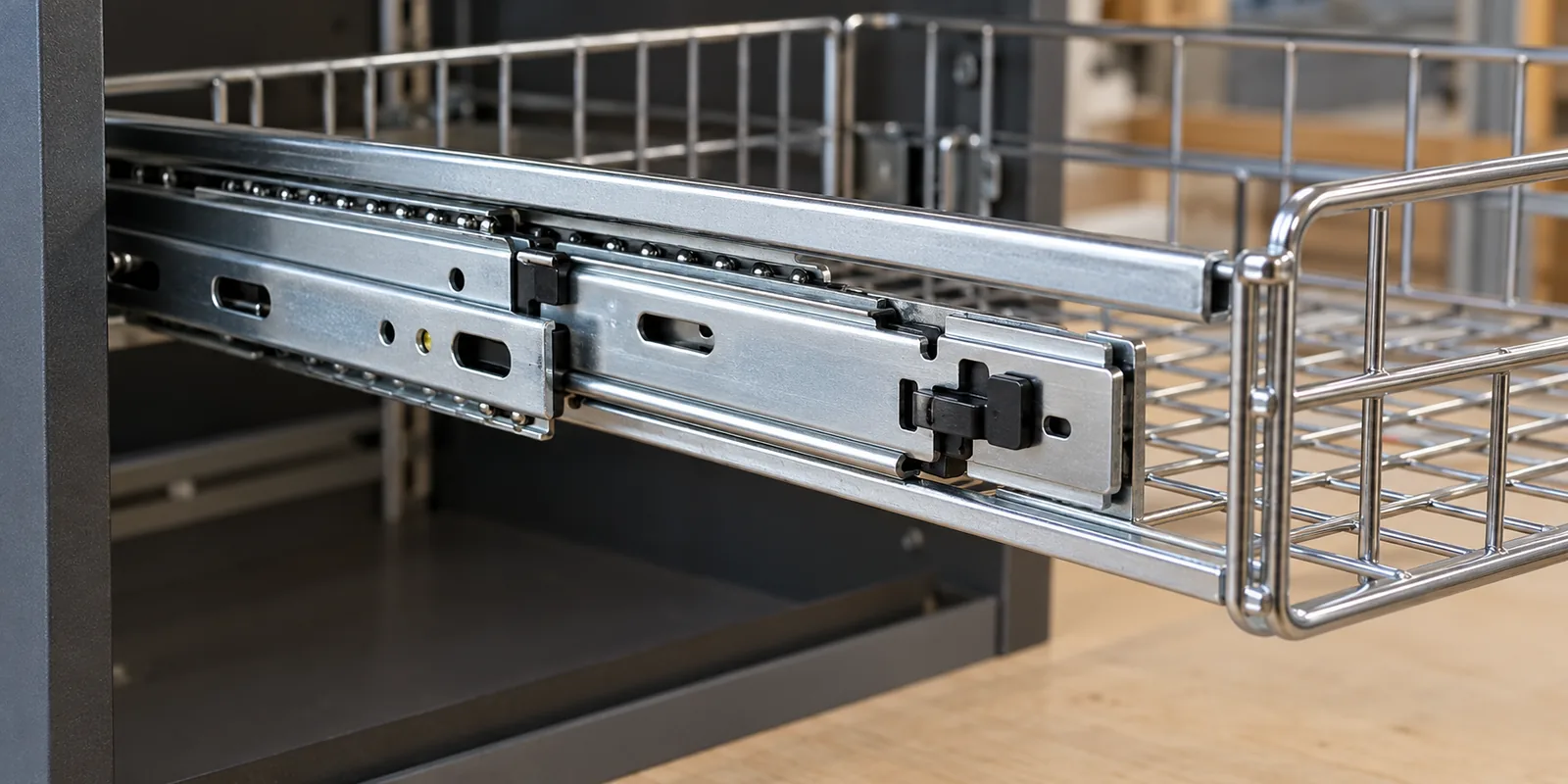 Metal drawer slides and a pull-out storage basket showing a hold-out detent and a positive lock concept