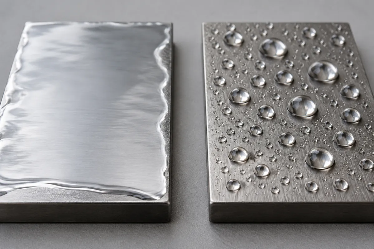 Manufacturing detail relevant to water break test metal surface cleaning coating limitations