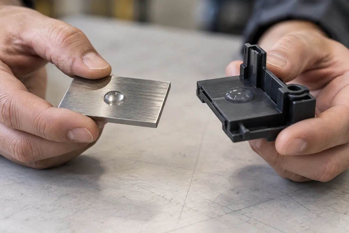 Buyer compares physical samples for Surface Energy and Contact Angle in Hardware Bonding Trials.