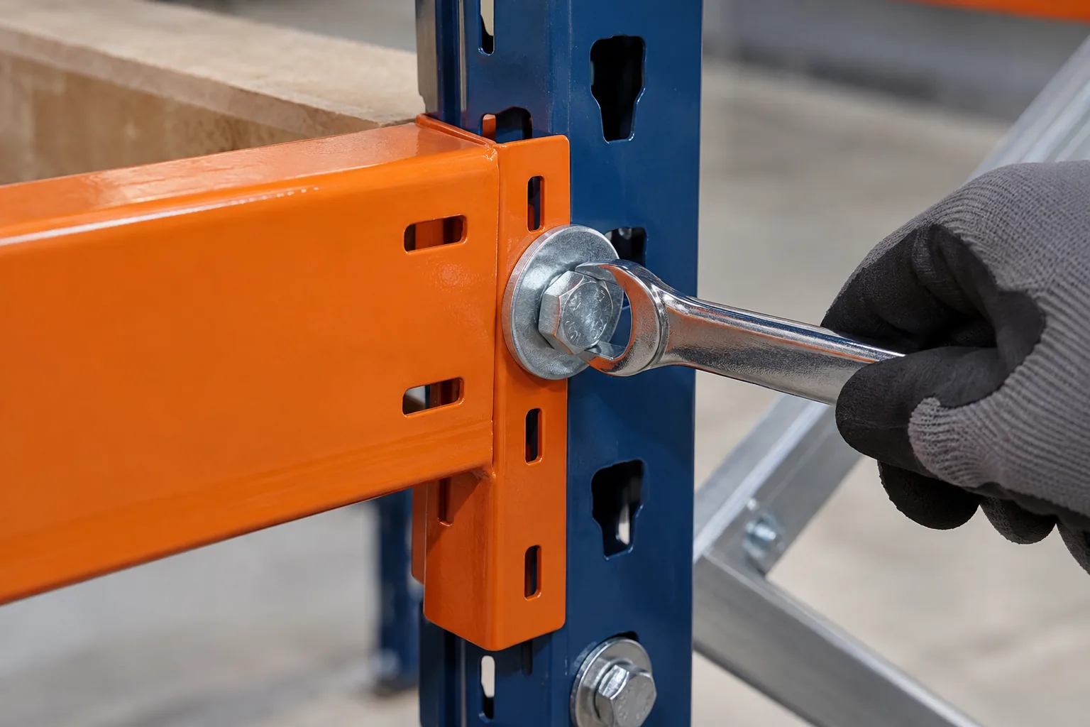 Bolt Torque-Tension and Lubrication in Storage-Rack Assembly: relevant hardware sample and component interface on a sourcing review bench.