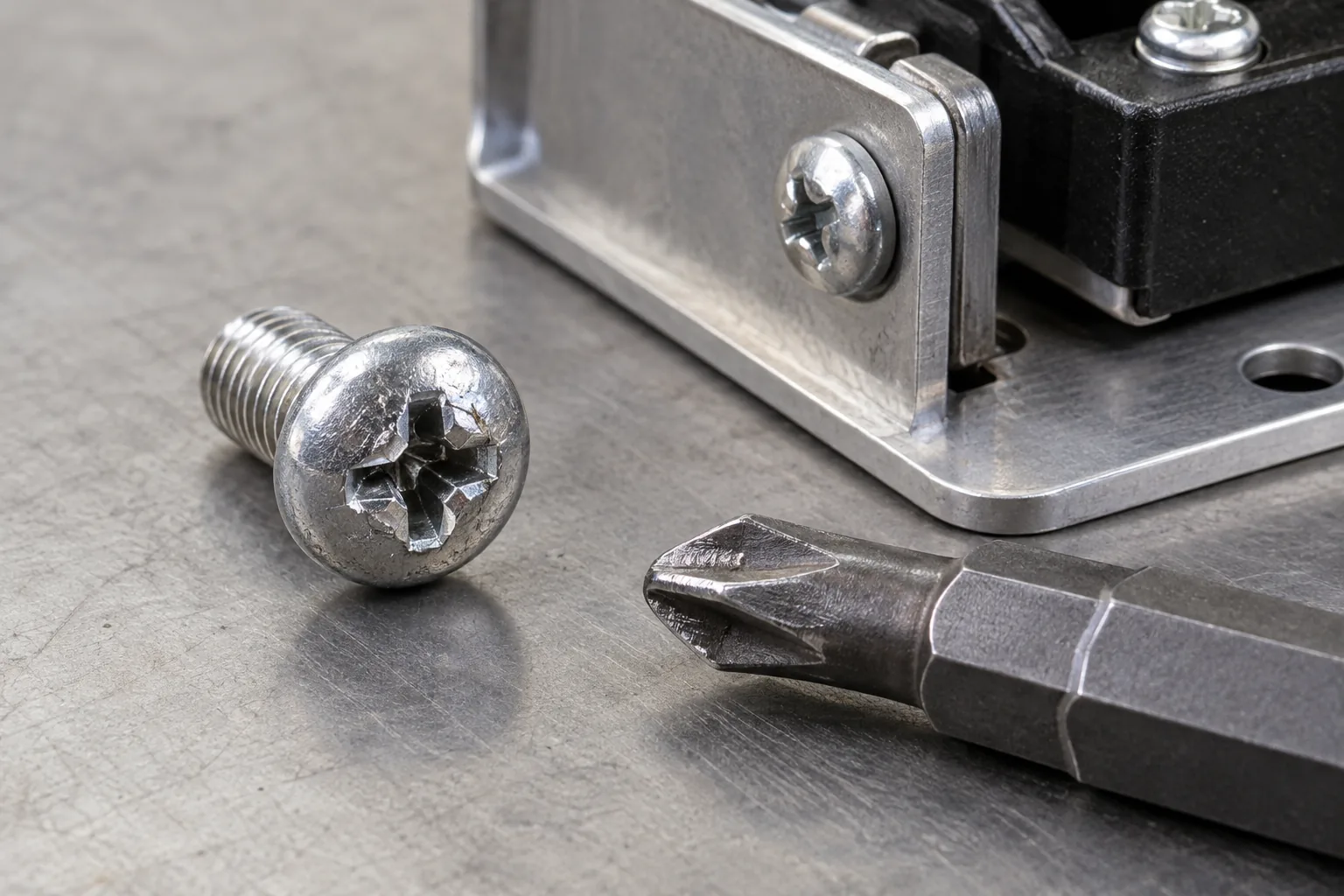 Screw-Drive Cam-Out and Assembly Damage in OEM Hardware: relevant hardware sample and component interface on a sourcing review bench.