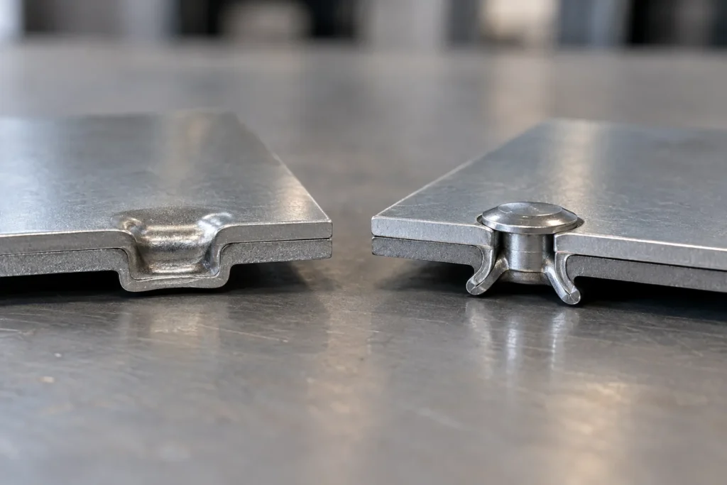 Clinching vs Self-Piercing Riveting for Hardware Sheet Joints: relevant hardware sample and component interface on a sourcing review bench.
