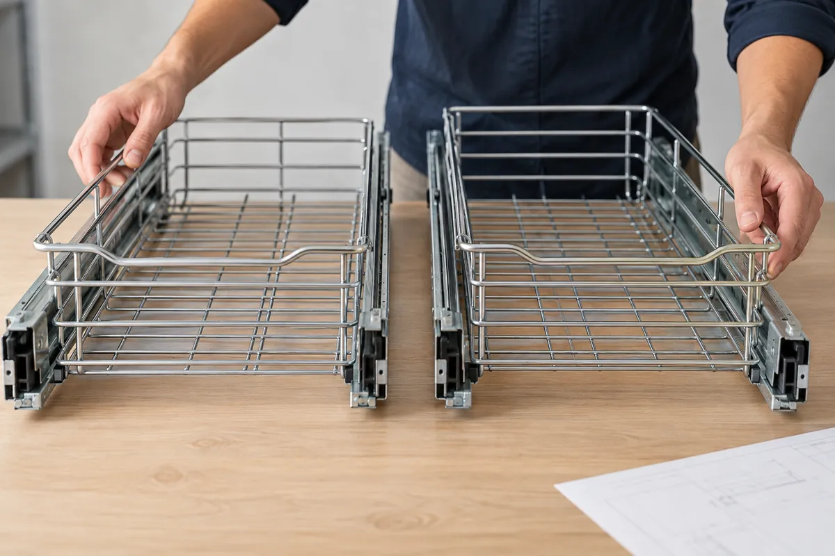 Buyer compares physical samples for Wide Pull-Out Baskets: Slide Parallelism and Racking.