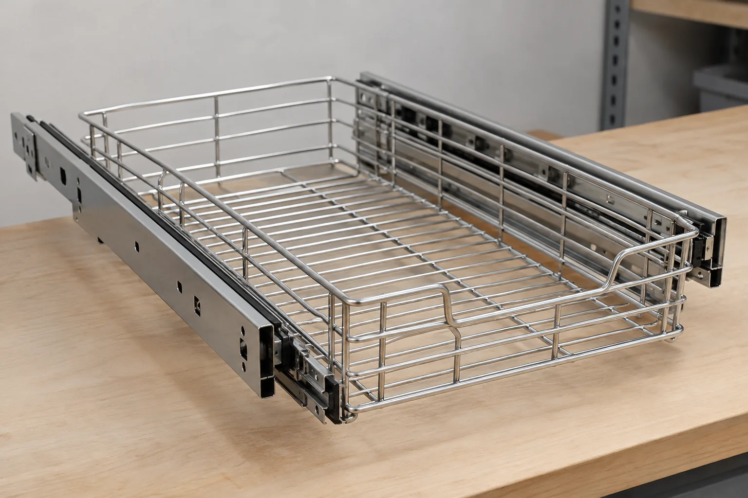 Wide Pull-Out Baskets: Slide Parallelism and Racking: relevant hardware sample and component interface on a sourcing review bench.