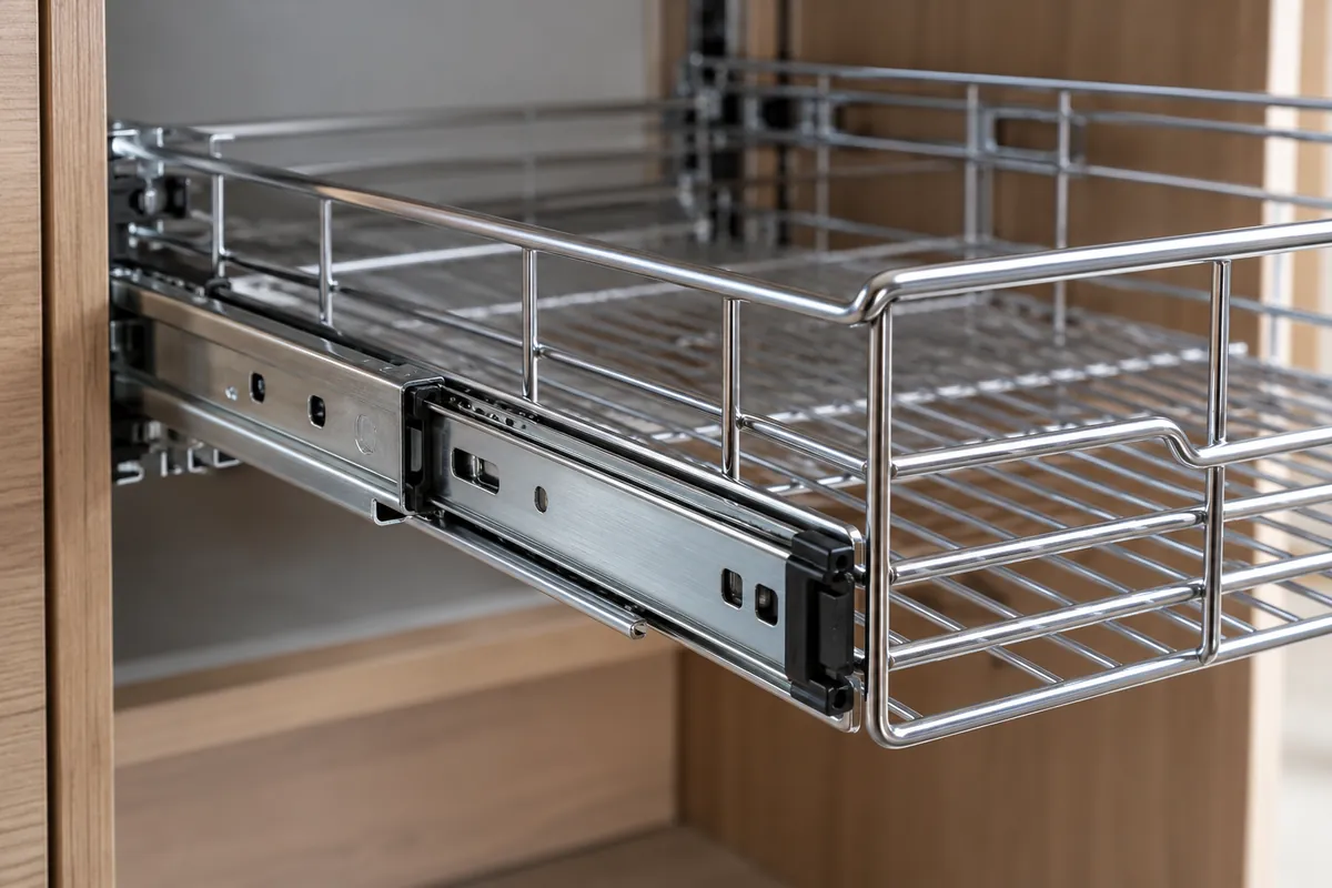 Close view of the component interface relevant to Wide Pull-Out Baskets: Slide Parallelism and Racking.