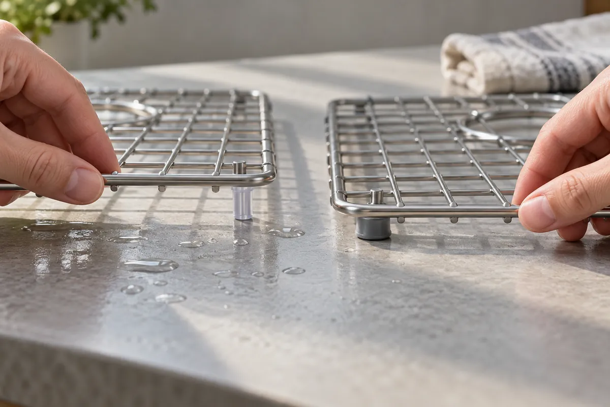 Buyer compares physical samples for Sink-Grid Foot Height, Debris and Cleaning Access.