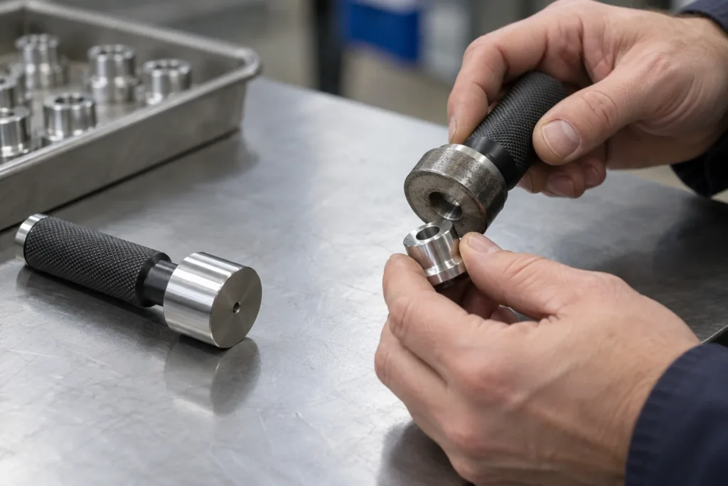 Gauge Wear and Recalibration in Repeat Hardware Inspection: relevant hardware sample and component interface on a sourcing review bench.