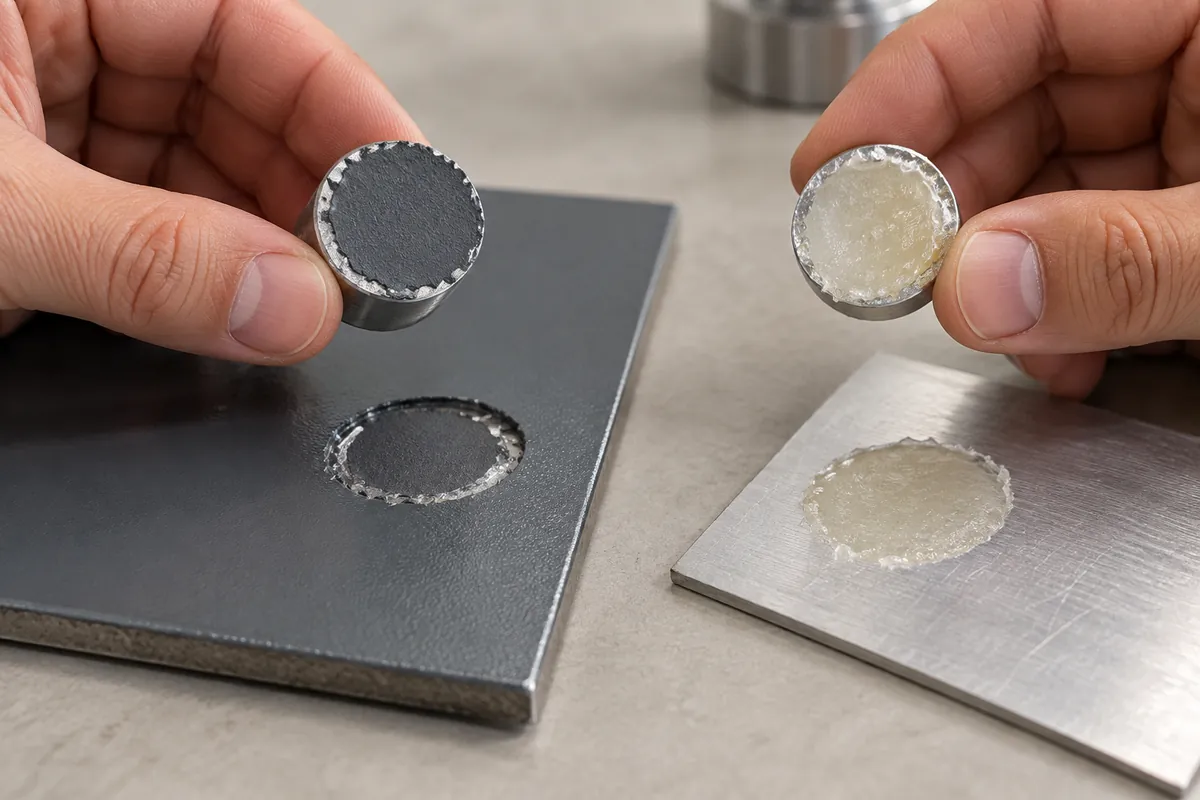 Buyer compares physical samples for Pull-Off Adhesion Reports: Coating Failure vs Glue Failure.