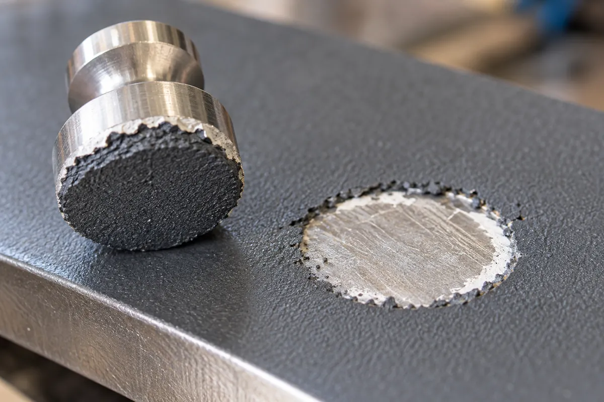 Close view of the component interface relevant to Pull-Off Adhesion Reports: Coating Failure vs Glue Failure.
