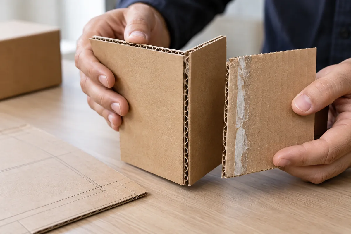 Buyer compares physical samples for Carton Manufacturer-Joint Quality for Export Hardware.