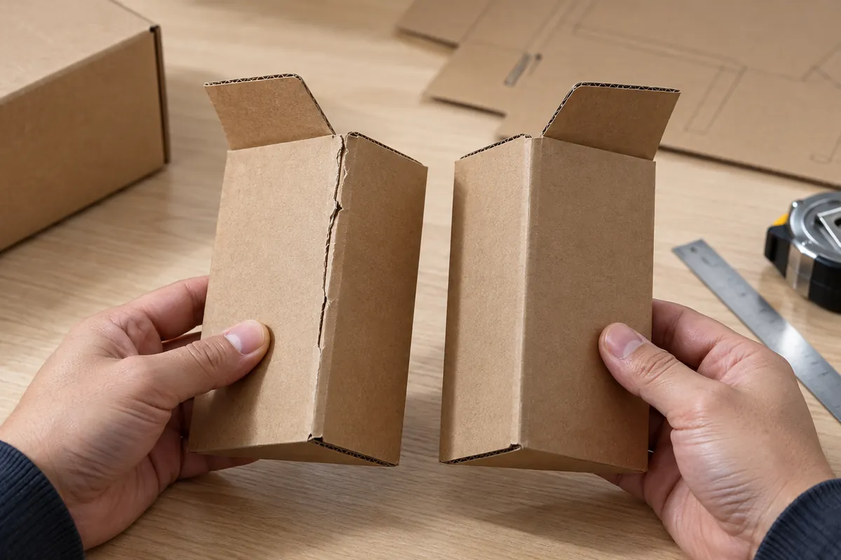Buyer compares physical samples for Retail Carton Crease Cracking in Hardware Packaging.