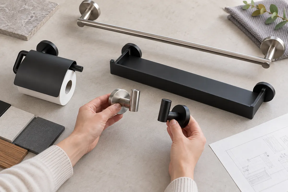 Buyer compares physical samples for Bathroom Accessory Sets and Tariff Classification Evidence.