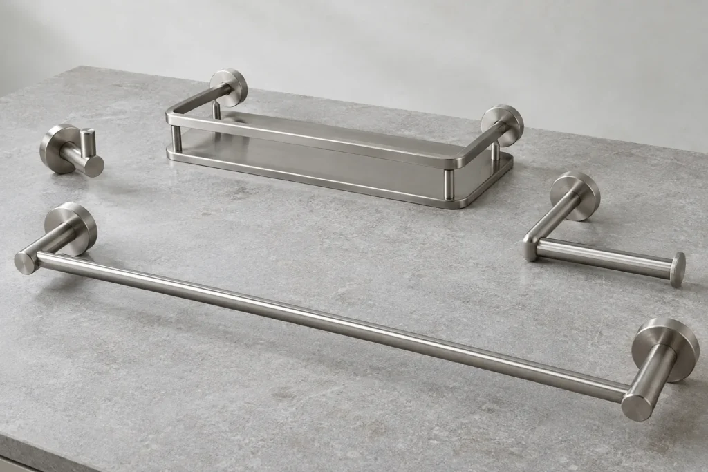 Bathroom Accessory Sets and Tariff Classification Evidence: relevant hardware sample and component interface on a sourcing review bench.