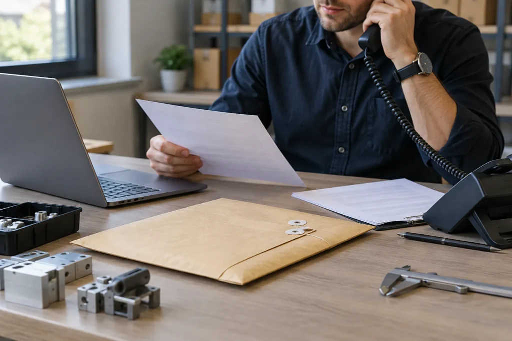 Verifying Supplier Bank-Detail Changes Before Hardware Payments: relevant hardware sample and component interface on a sourcing review bench.