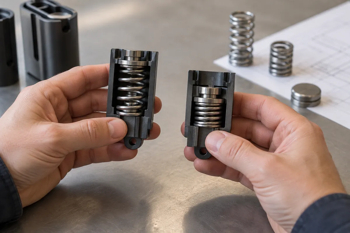 Buyer compares physical samples for Compression Spring Solid Height in Storage Mechanism Assemblies.