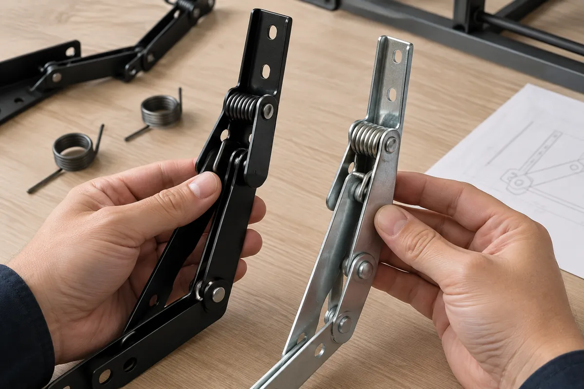 Buyer compares physical samples for Torsion Spring Hand and Leg Angle in Storage Hardware.