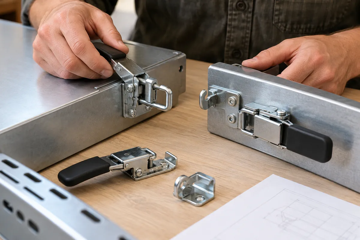 Buyer compares physical samples for Over-Center Draw Latch Grip Range for Removable Storage Panels.