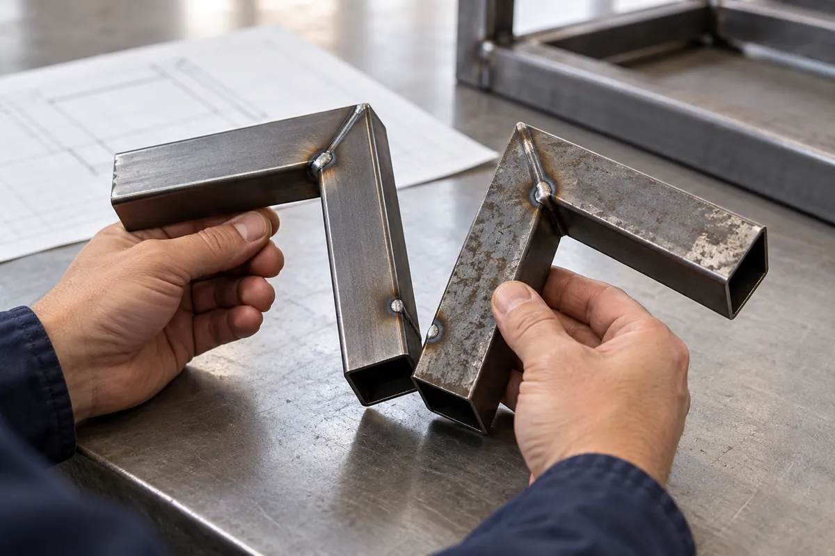 Buyer compares physical samples for Tack-Weld Quality Before Final Welding Storage Frames.