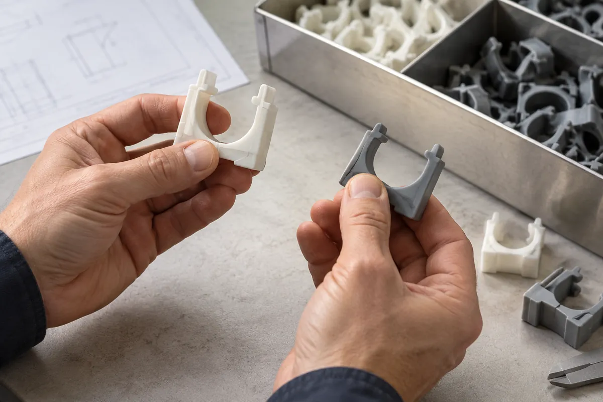 Buyer compares physical samples for PP Homopolymer vs Impact Copolymer for Storage Components.