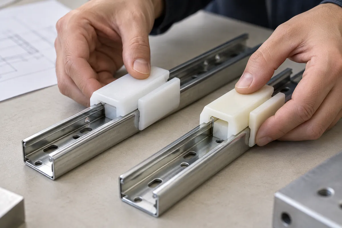 Buyer compares physical samples for POM Copolymer vs Homopolymer in Sliding Storage Components.