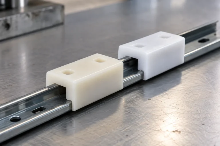 POM Copolymer vs Homopolymer in Sliding Storage Components: relevant hardware sample and component interface on a sourcing review bench.
